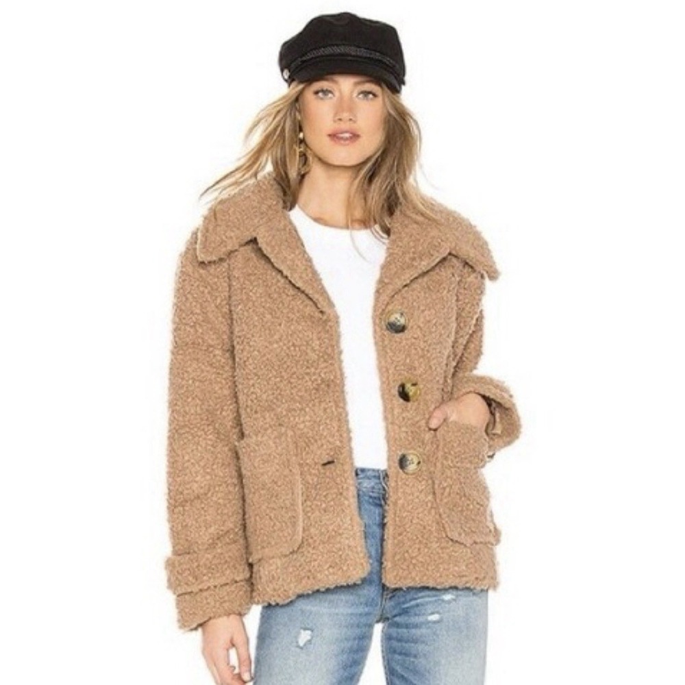 Free People So Soft Cozy Teddy Bear Size XS Beige Fuzzy Button Up Peacoar Jacket - Picture 4 of 14